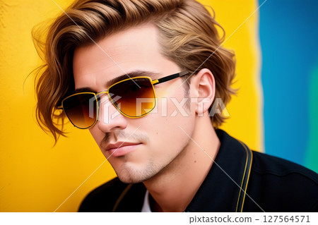 Portrait of a caucasian man on yellow background, summer brightness. Generative AI. 127564571
