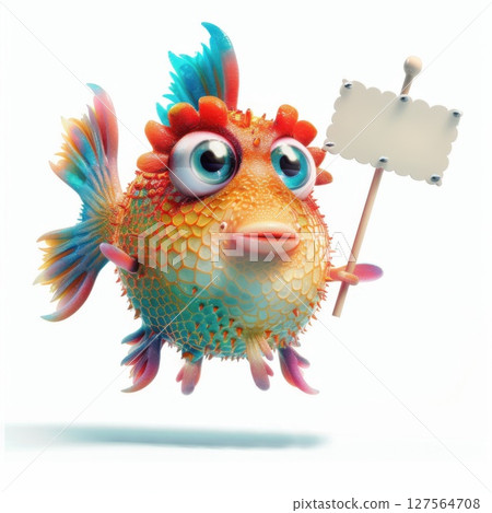 Dazzling tropical fish holding a blank sign, ideal for custom messages for summer vacation packages or aquatic park invites. 127564708