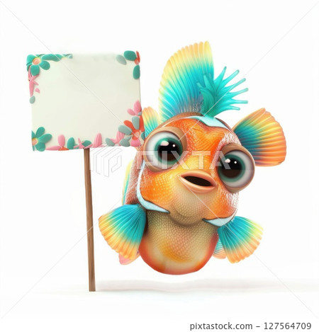 Novelty Merchandise: Great for marketing quirky or cute novelty items related to sea life.tropical fish holding blank sign. 127564709