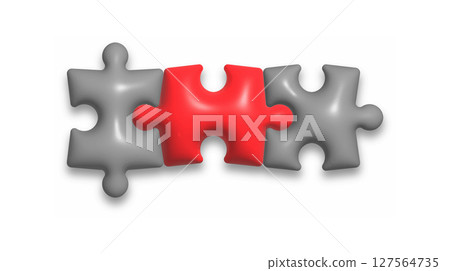 Puzzle. The red element of the puzzle stands out against the background of the gray parts. Volumetric style Puzzle. The red element of the puzzle stands out against the background of the gray parts. Volumetric style 127564735