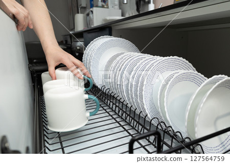 Person Cleaning Dishes in a Modern Kitchen at Day Person Cleaning Dishes in a Modern Kitchen at Day 127564759