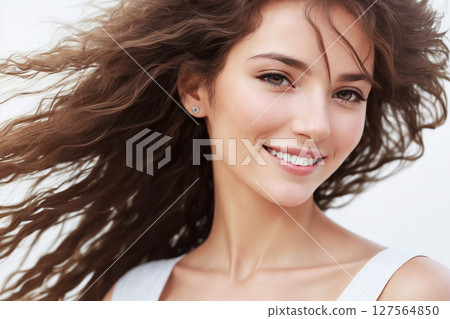 A beautiful woman portrait, bright blue sky as background. Generative AI. 127564850