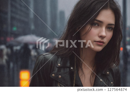 A beautiful woman portrait, night city as background. Generative AI. 127564874