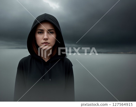 Dramatic portrait of a woman, late autumn season, fog over the sea as background, dark sky with storm clouds. Generative AI. 127564915