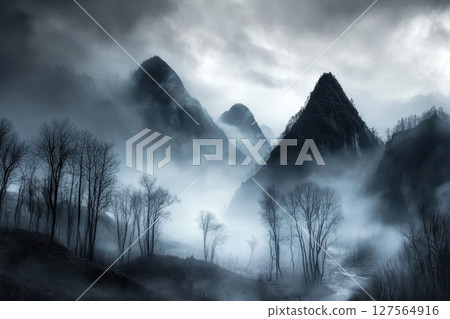 Majestic mountains tower over a foggy valley, evoking mystery 127564916