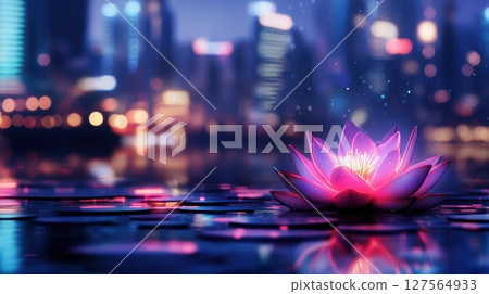 Glowing pink lotus flower floating on water with city skyline at night Glowing pink lotus flower floating on water with city skyline at night 127564933