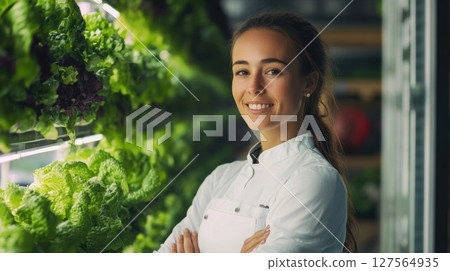 Female farmer smiling with arms crossed in vertical farm with hydroponic system 127564935