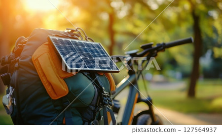 Portable solar panel charging backpack near bicycle in nature during sunset 127564937