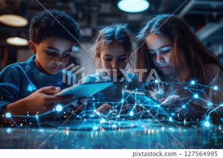 Children work together, using tablets to create a digital project Children work together, using tablets to create a digital project 127564995