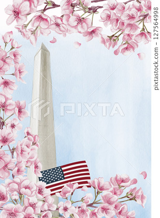 Washington Monument in Washington, D.C. National Cherry Blossom Festival. Frame with pink flowers. Watercolor illustration, hand drawing. Sketch. Template for a postcard or souvenir. Washington Monument in Washington, D.C. National Cherry Blossom Festival. Frame with pink flowers. Watercolor illustration, hand drawing. Sketch. Template for a postcard or souvenir. 127564998