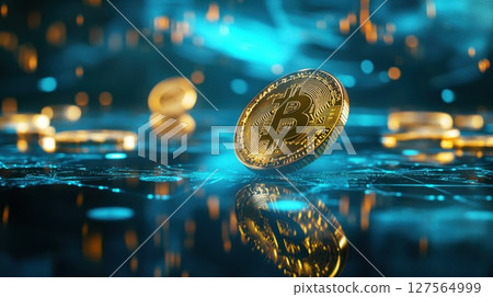 Bitcoin rotating over futuristic printed circuit board with other coins in background 127564999