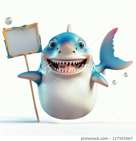 Eco-Friendly Products: Ideal for promoting eco-conscious brands or products with a marine or ocean theme.shark holding blank sign 127565067