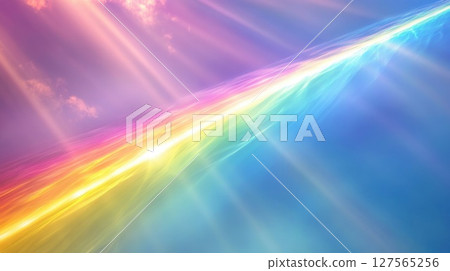 Rainbow road leading to heaven with god rays shining through clouds 127565256