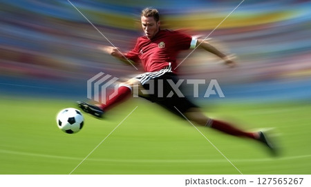 Soccer player kicking ball in motion blur during championship match Soccer player kicking ball in motion blur during championship match 127565267