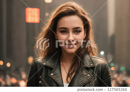 A beautiful woman portrait, night city as background. Generative AI. A beautiful woman portrait, night city as background. Generative AI. 127565268