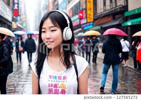 Portrait of a beautiful girl in headphones, rainy city street as a background. Generative AI. 127565272