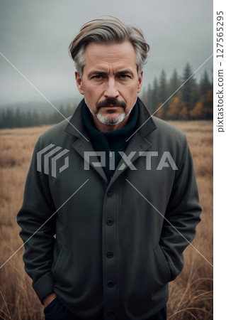 Dramatic portrait of a man, late autumn season, wild landscape as background, dark sky with storm clouds. Generative AI. Dramatic portrait of a man, late autumn season, wild landscape as background, dark sky with storm clouds. Generative AI. 127565295