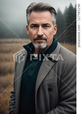 Dramatic portrait of a man, late autumn season, wild landscape as background, dark sky with storm clouds. Generative AI. 127565296
