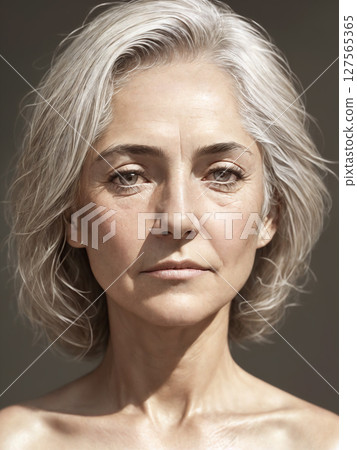 A beautiful elderly woman portrait, studio shoot. Generative AI. 127565365