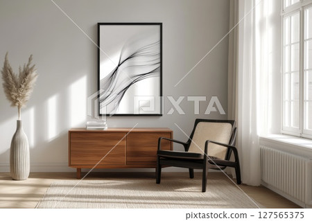 Minimalist space showcases art with graceful lines on a wall Minimalist space showcases art with graceful lines on a wall 127565375