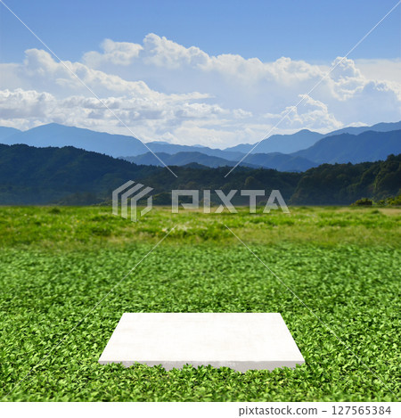 A fantasy landscape of a plateau with greenery and blue skies leading to mountain ranges and an exhibition stand 127565384