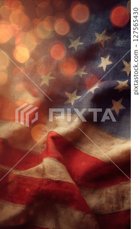 American flag with festive bokeh lights celebrating Independence Day and patriotic national pride 127565430