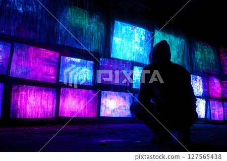 Silhouette of an anonymous hooded hacker against a dark background with streams of neon binary code 127565438