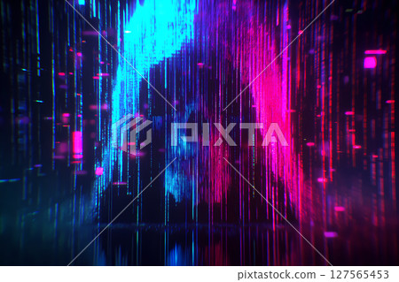 一位戴著頭巾的匿名駭客的輪廓，背景是黑暗的霓虹燈二進位代碼流 127565453