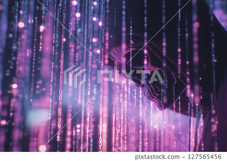 一位戴著頭巾的匿名駭客的輪廓，背景是黑暗的霓虹燈二進位代碼流 127565456