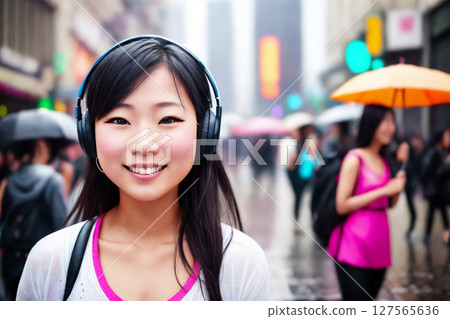 Portrait of a beautiful girl in headphones, rainy city street as a background. Generative AI. 127565636