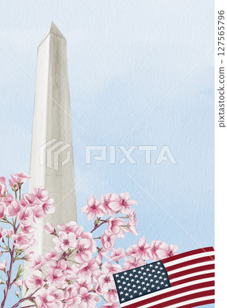 Washington Monument in Washington, D.C. National Cherry Blossom Festival. Frame with pink flowers. Watercolor illustration, hand drawing. Sketch. Template for a postcard or souvenir. Washington Monument in Washington, D.C. National Cherry Blossom Festival. Frame with pink flowers. Watercolor illustration, hand drawing. Sketch. Template for a postcard or souvenir. 127565796