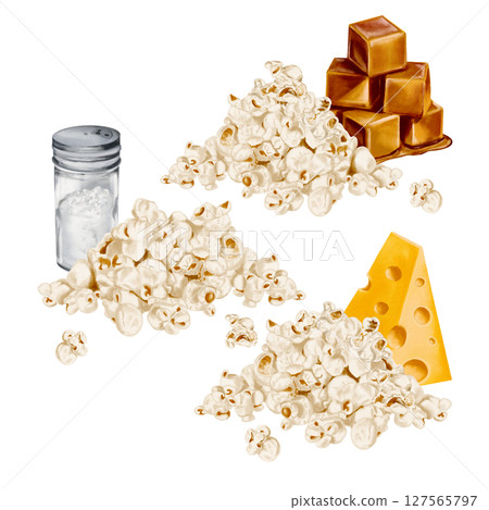 Set of popcorn flavors. Snack with caramel, salt or cheese. Ready-made crumbly tasty popcorn. Corn for a party. Watercolor illustration without background. Hand drawing. High quality illustration 127565797