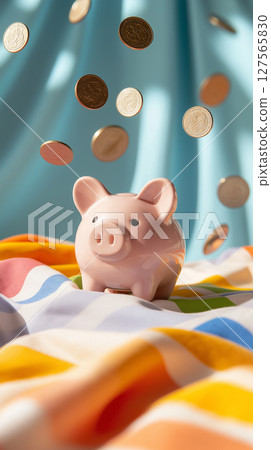 piggy bank surrounded by falling coins on colorful fabric 127565830