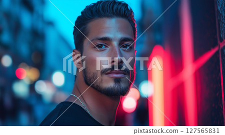stylish man with beard in vibrant urban setting 127565831