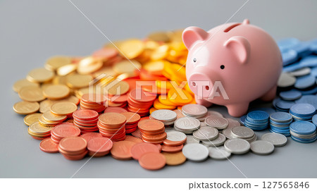 piggy bank surrounded by colorful coins, symbolizing savings 127565846