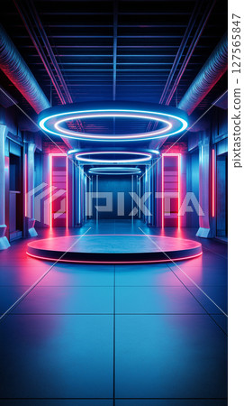 Futuristic neon lit hallway with glowing circular lights 127565847