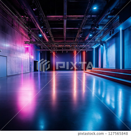Modern stage with colorful lighting and polished floor 127565848