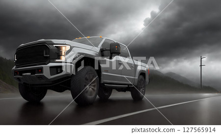 A pickup truck is driving down the road. Dark dramatic landscape as background, gloomy sky with rainy clouds, forest and hill. Generative AI. 127565914