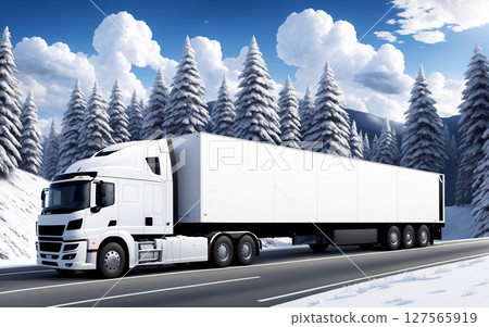 A white truck is driving on the highway. Clean and empty space in the side view. Snow-covered forest and mountain. Generative AI. 127565919