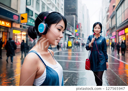 Portrait of beautiful girls in headphones, rainy city street as a background. Generative AI. Portrait of beautiful girls in headphones, rainy city street as a background. Generative AI. 127565947