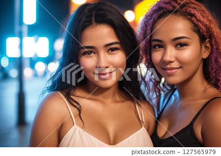 Portrait of a beautiful asian girls, city street as a background. Generative AI. 127565979