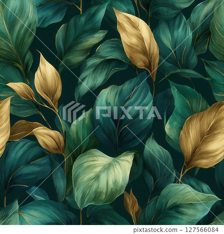 Tropical leaves with golden accents create luxurious and elegant botanical pattern 127566084