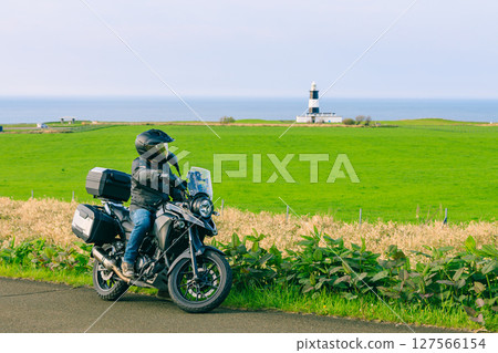Cape Notoro Lighthouse and motorcycle in Hokkaido 127566154