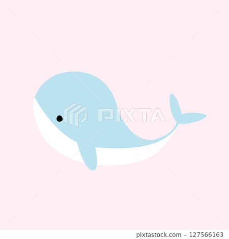 Adorable cartoon blue whale illustration on a pale pink background, ideal for kids designs, nursery prints, and sea-themed decor. 127566163