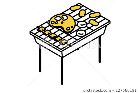 Simple line drawing illustration of a barbecue grill with ingredients on it, summer isometric illustration 127566181