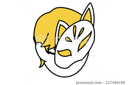 戴著狐狸面具的孩子的簡單線條畫插圖,夏季等距插圖 戴著狐狸面具的孩子的簡單線條畫插圖,夏季等距插圖 127566198