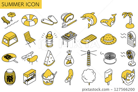 Simple line art illustration of summer icon set (sea, camping, summer festival, etc.), summer isometric illustration 127566200