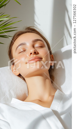 Relaxed woman enjoying sunlight with closed eyes 127566302