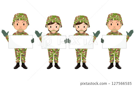 自衛隊 一名男女自衛隊軍官舉著標語牌的插圖 自衛隊 一名男女自衛隊軍官舉著標語牌的插圖 127566585