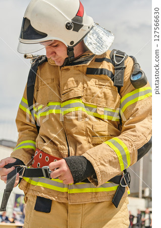 A firefighter dons the essential components of their professional gear, embodying resilience, commitment, and readiness as they gear up for a hazardous firefighting mission, a testament to their 127566630